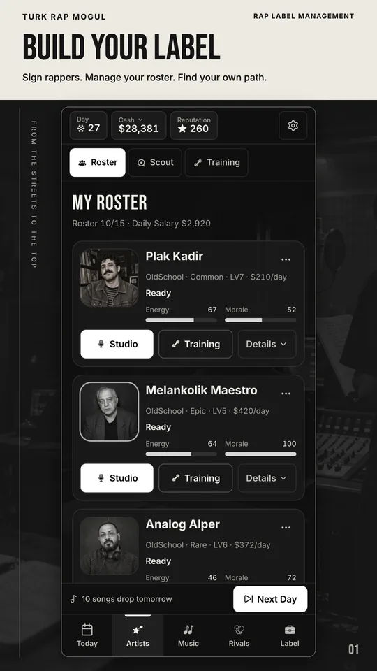Turk Rap Mogul: roster screen